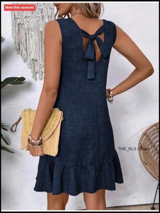 100% Polyester Tie Back Crew Neck Sleeveless Mini Dress Ruffle Hem - Picture 2 of 7